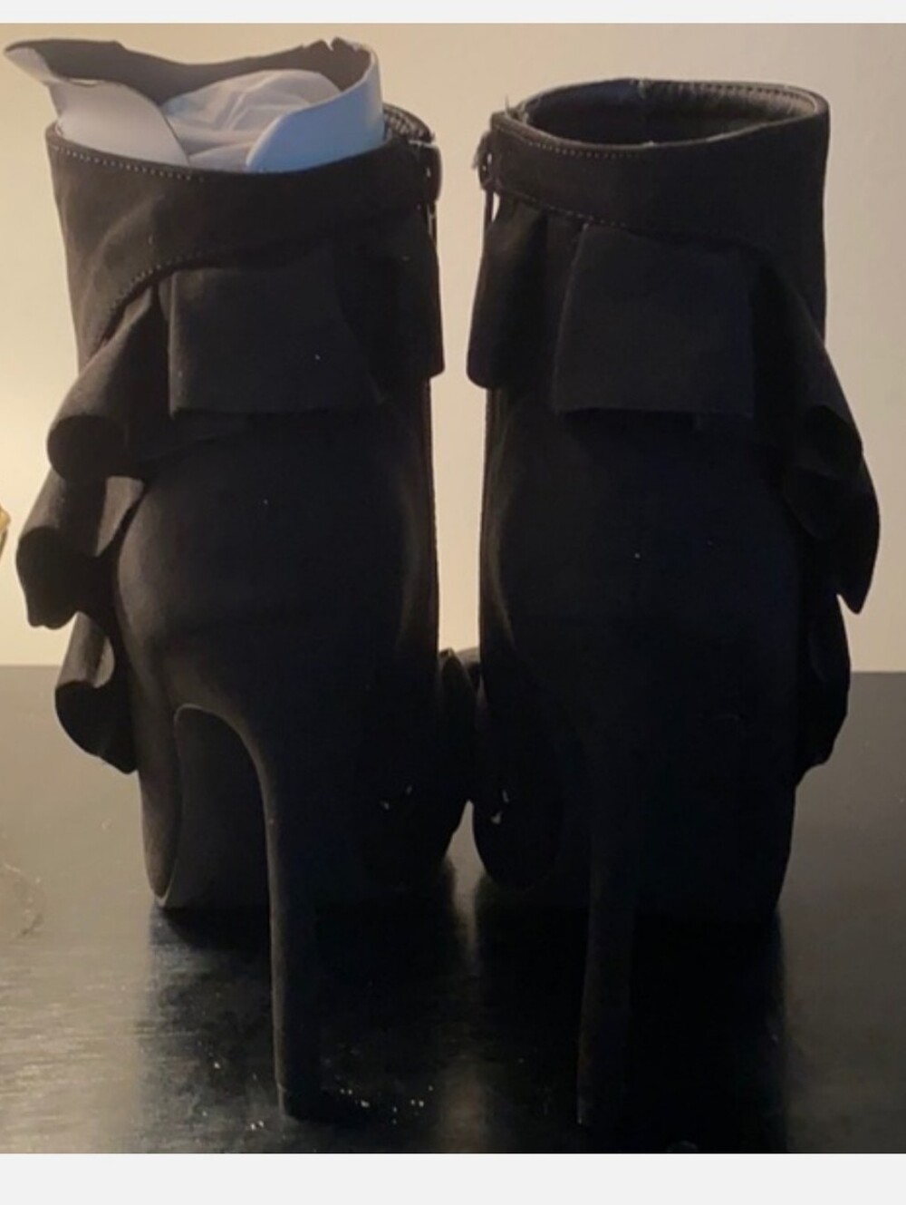 JustFab Black Ruffled Open-Toe Heeled Booties - Picture 3 of 4
